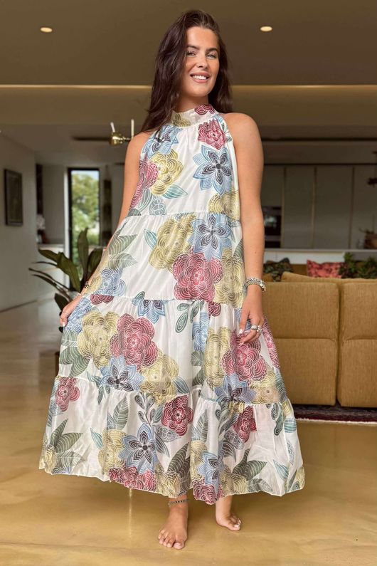 Made In Italy Paradise In Bloom Tiered Long Dress Olive And Pink - ** 